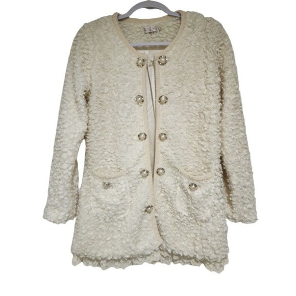 LilyJ. London Sweaters - Vintage Lily J London Womens Teddy Cardigan Jacket Size S/M Ivory Lace Lined